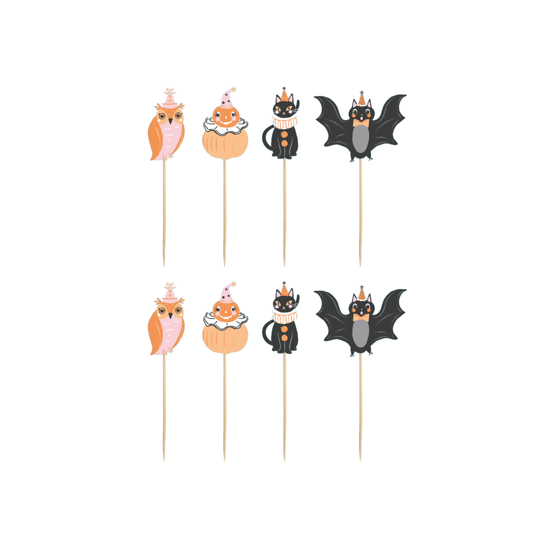 Halloween cupcake toppers on wooden picks with a vintage owl, pumpkin, black cat, and bat in party hats