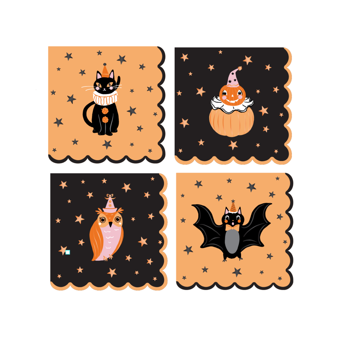 Set of four orange and black scalloped Halloween napkins with a black cat, pumpkin, owl, and bat on a starry background