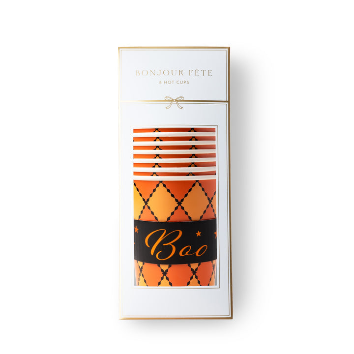 A boxed set of 8 Halloween-themed paper hot cups with 'BONJOUR FÉTE' printed on the white packaging, featuring orange and black patterns including stripes, argyle, and a black band with gold 'Boo' script.