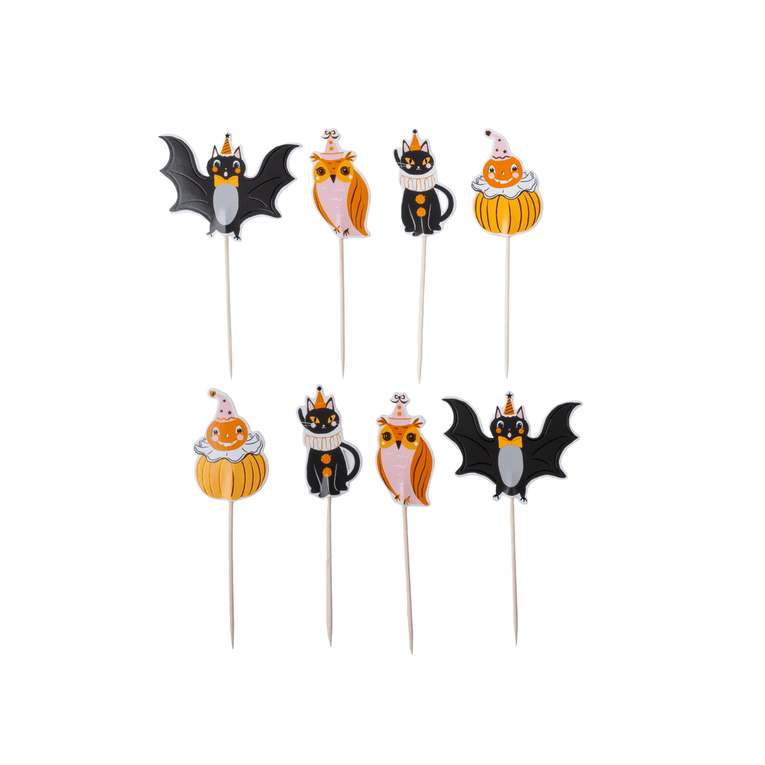 Set of eight Halloween-themed cupcake toppers on wooden sticks, featuring bats, owls, and pumpkins in black, orange, gray, and white colors.