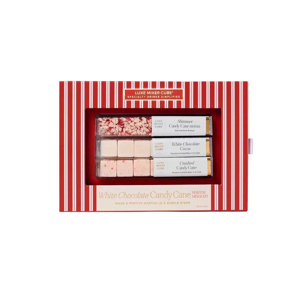 White chocolate candy cane martini mixer cubes kit with a peppermint rimmer