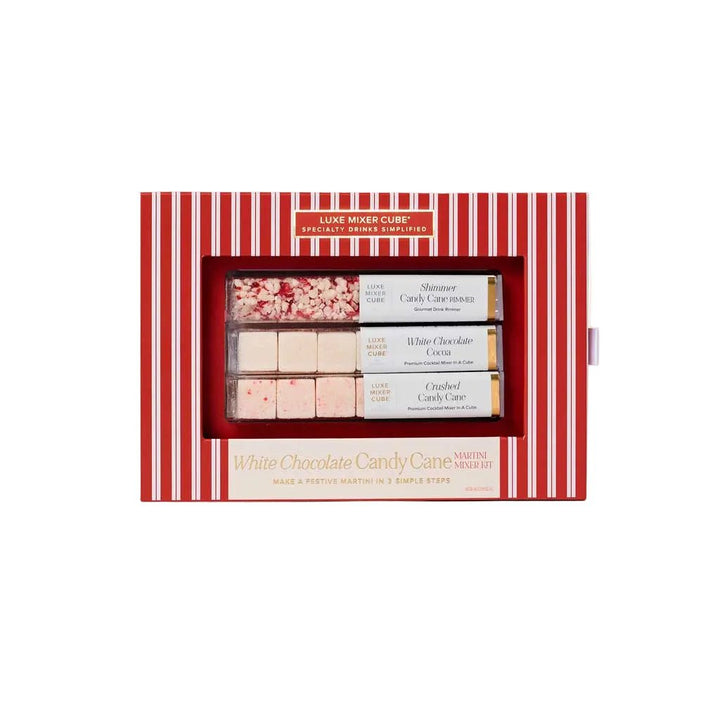White chocolate candy cane martini mixer cubes kit with a peppermint rimmer