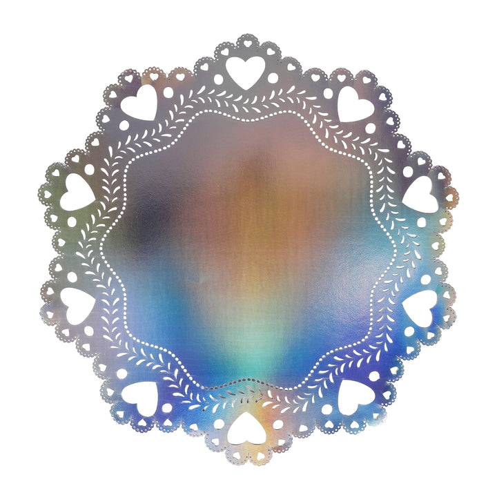 Iridescent silver doily placemats with scalloped edges and heart cutouts, 10 count