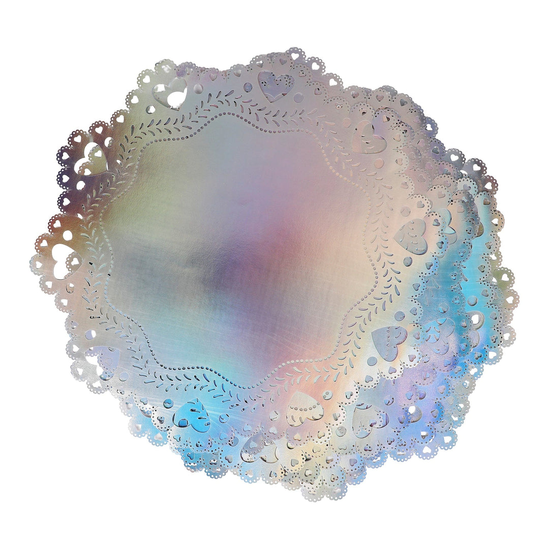 Silver foiled doily placemats, 15 inches round with heart shaped cutouts