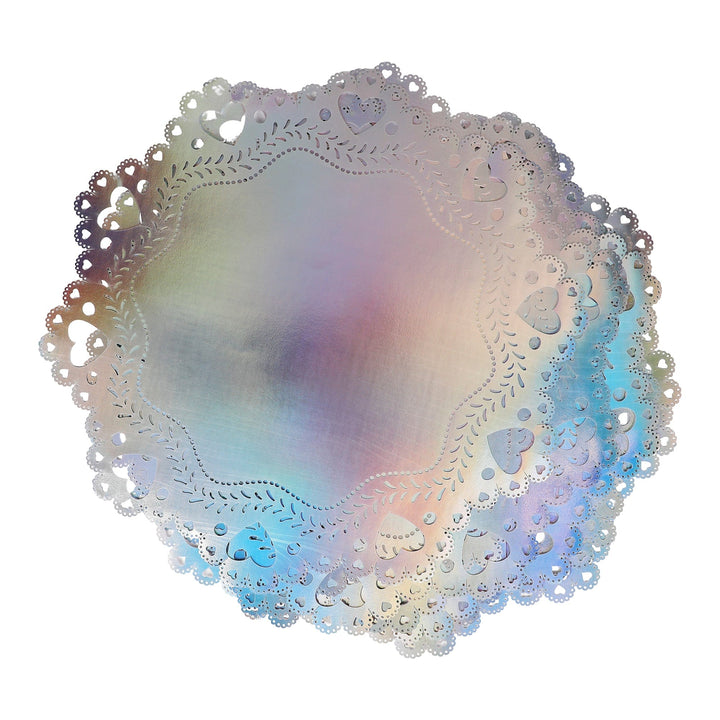 Silver foiled doily placemats, 15 inches round with heart shaped cutouts
