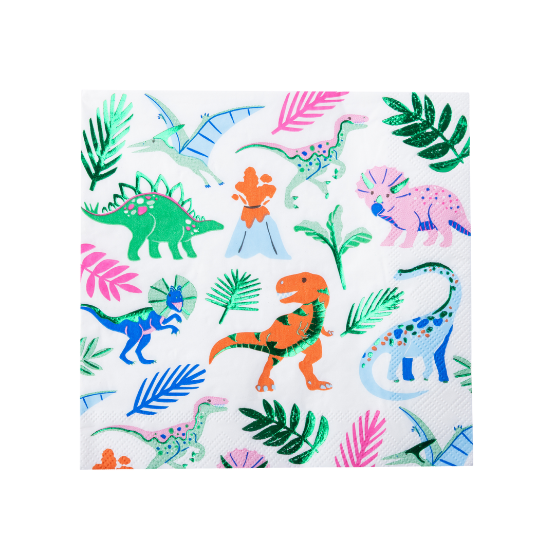 A stack of white paper napkins featuring a colorful dinos and jungle print, 