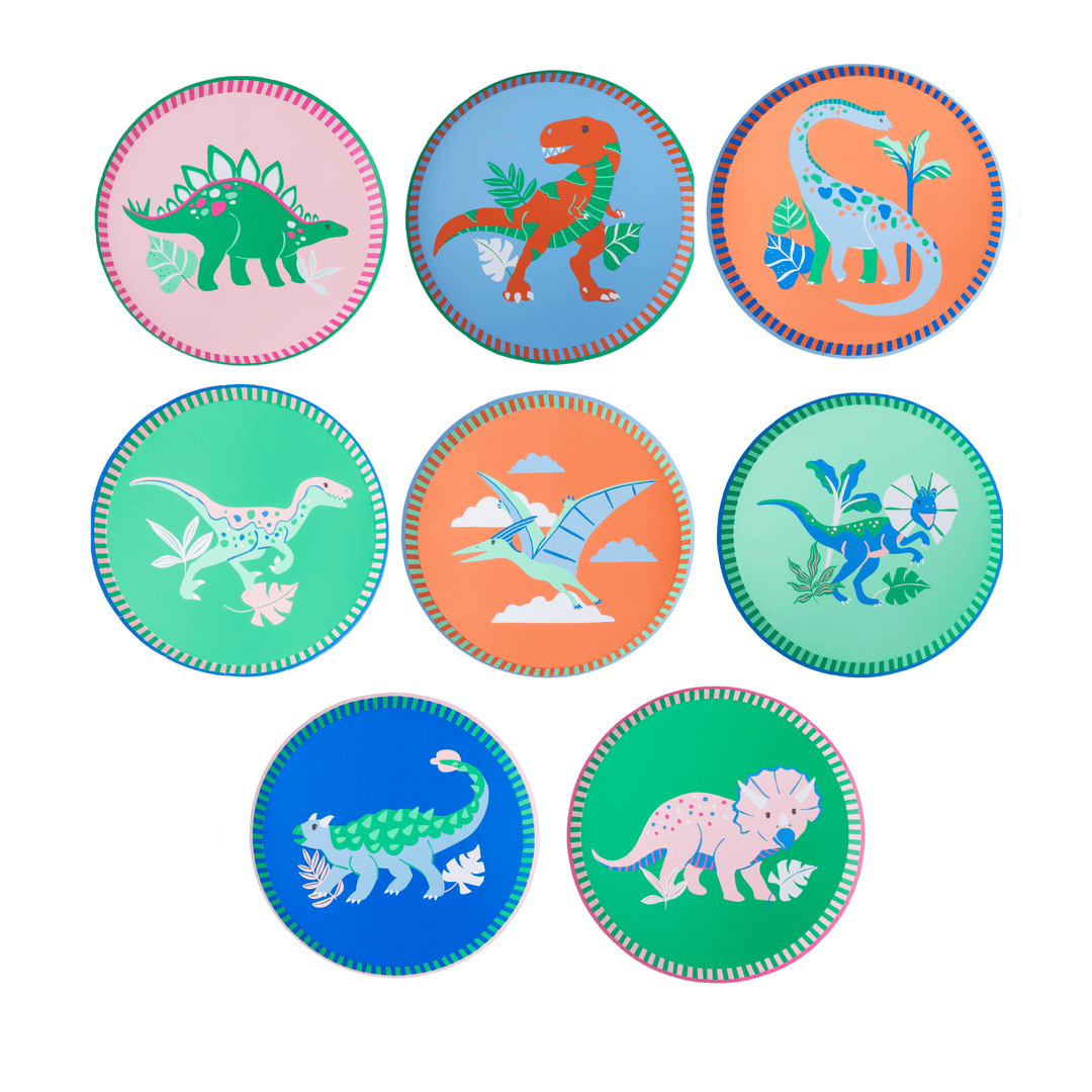 Eight dinosaur paper plates in pink, blue, green, and orange, each with a different dino and a striped rim