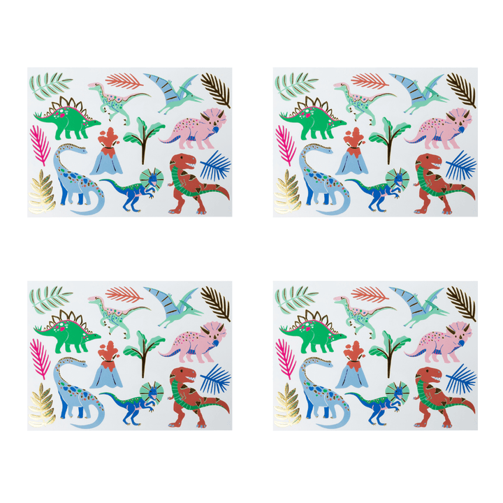 Four identical tattoos or sheets shown in a 2x2 grid on a white background, each printed with colorful cartoon dinosaurs, palm-like leaves, volcanoes, and small figures in green, blue, pink, red, orange, and gold tones.