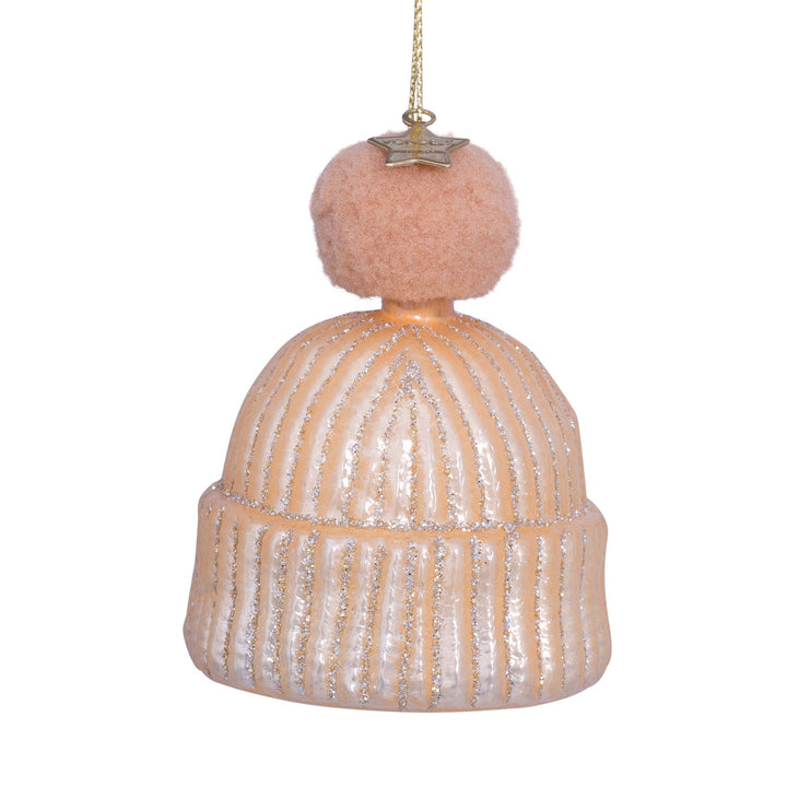 PINK WINTER HAT WITH POM POM GLASS ORNAMENT Vondels Bonjour Fete - Party Supplies