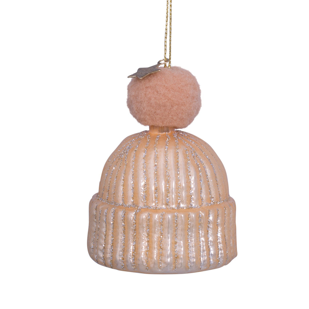 PINK WINTER HAT WITH POM POM GLASS ORNAMENT Vondels Bonjour Fete - Party Supplies