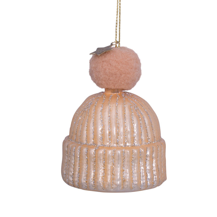 PINK WINTER HAT WITH POM POM GLASS ORNAMENT Vondels Bonjour Fete - Party Supplies