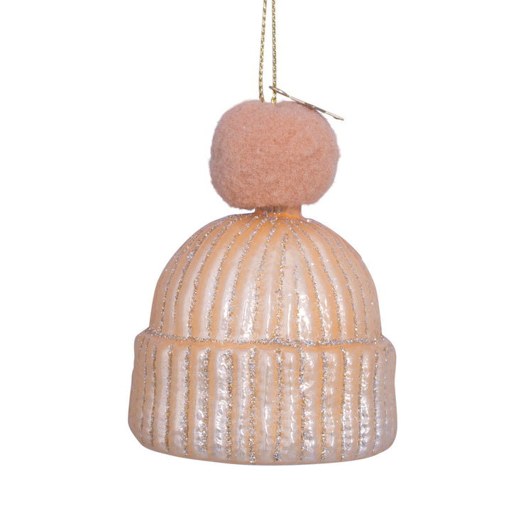 PINK WINTER HAT WITH POM POM GLASS ORNAMENT Vondels Bonjour Fete - Party Supplies