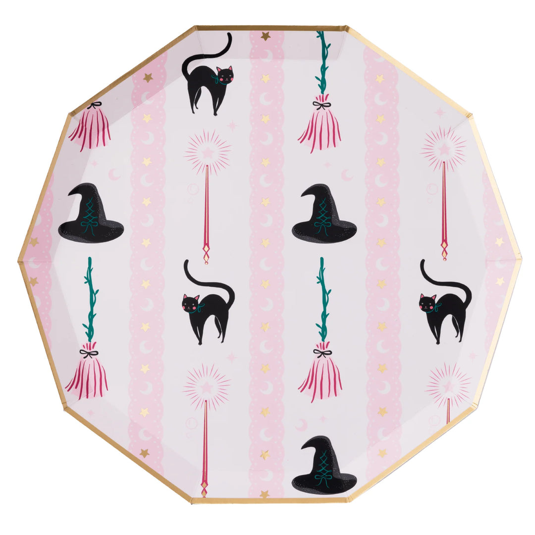 Witch hat and broom large plates, set of 8, in pink, sage green, and black for a witch themed party