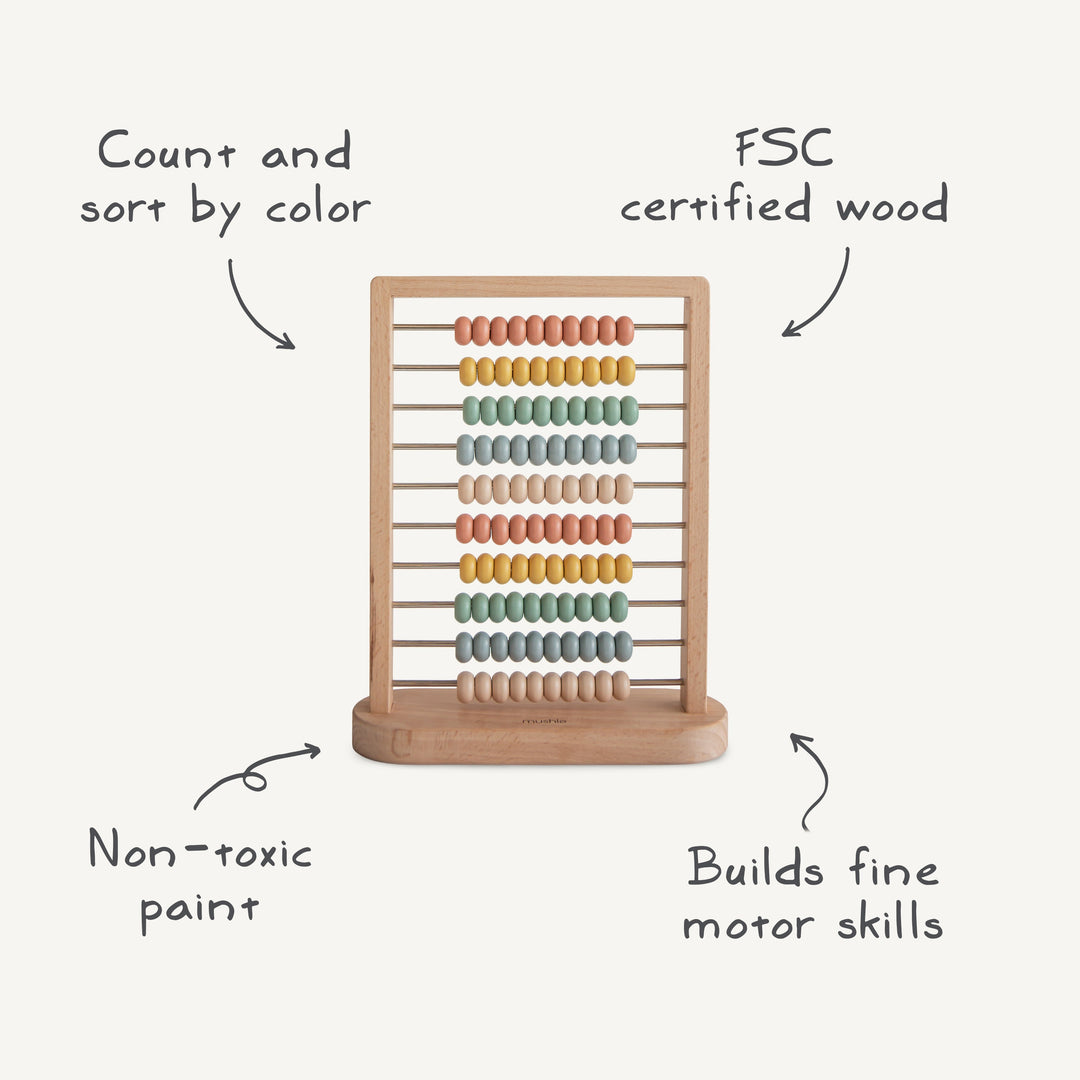 Infographic of the Mushie wooden abacus: FSC-certified wood and non-toxic paint for counting and color sorting
