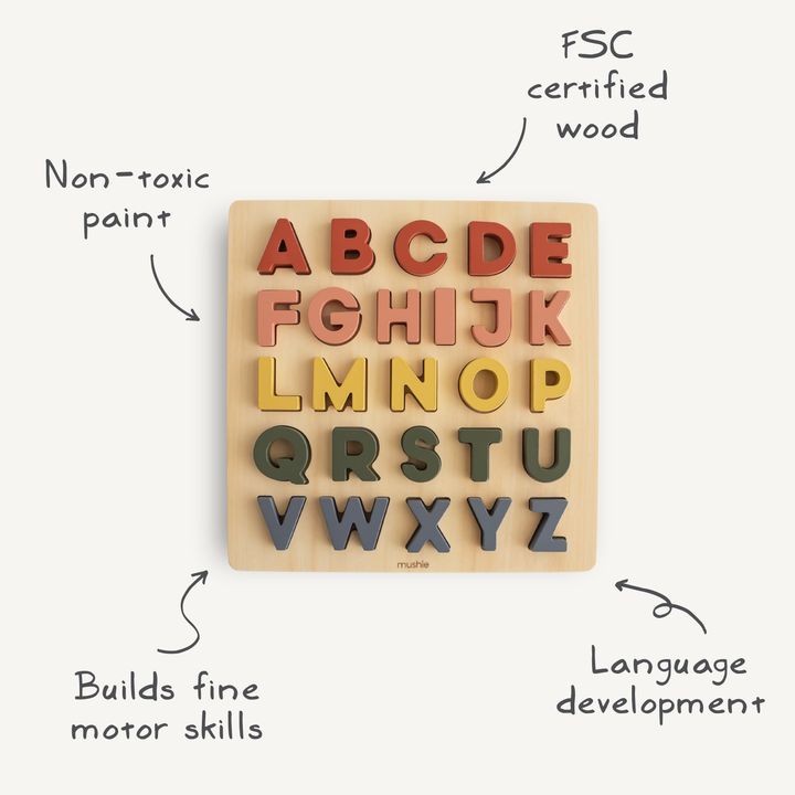 Infographic of the Mushie wooden alphabet puzzle: FSC-certified wood and non-toxic paint