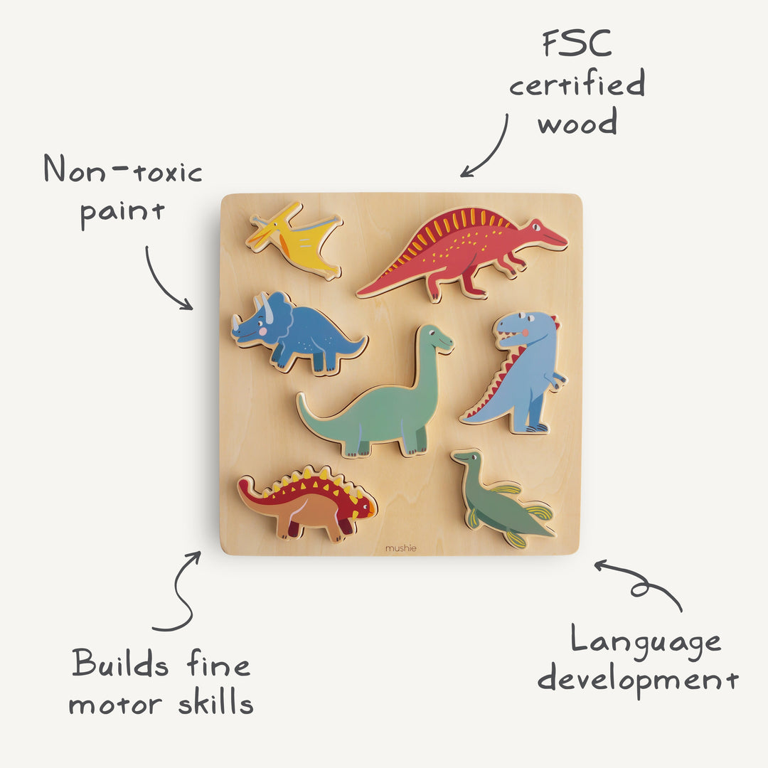 Infographic of the Mushie wooden dino puzzle: FSC-certified wood and non-toxic paint