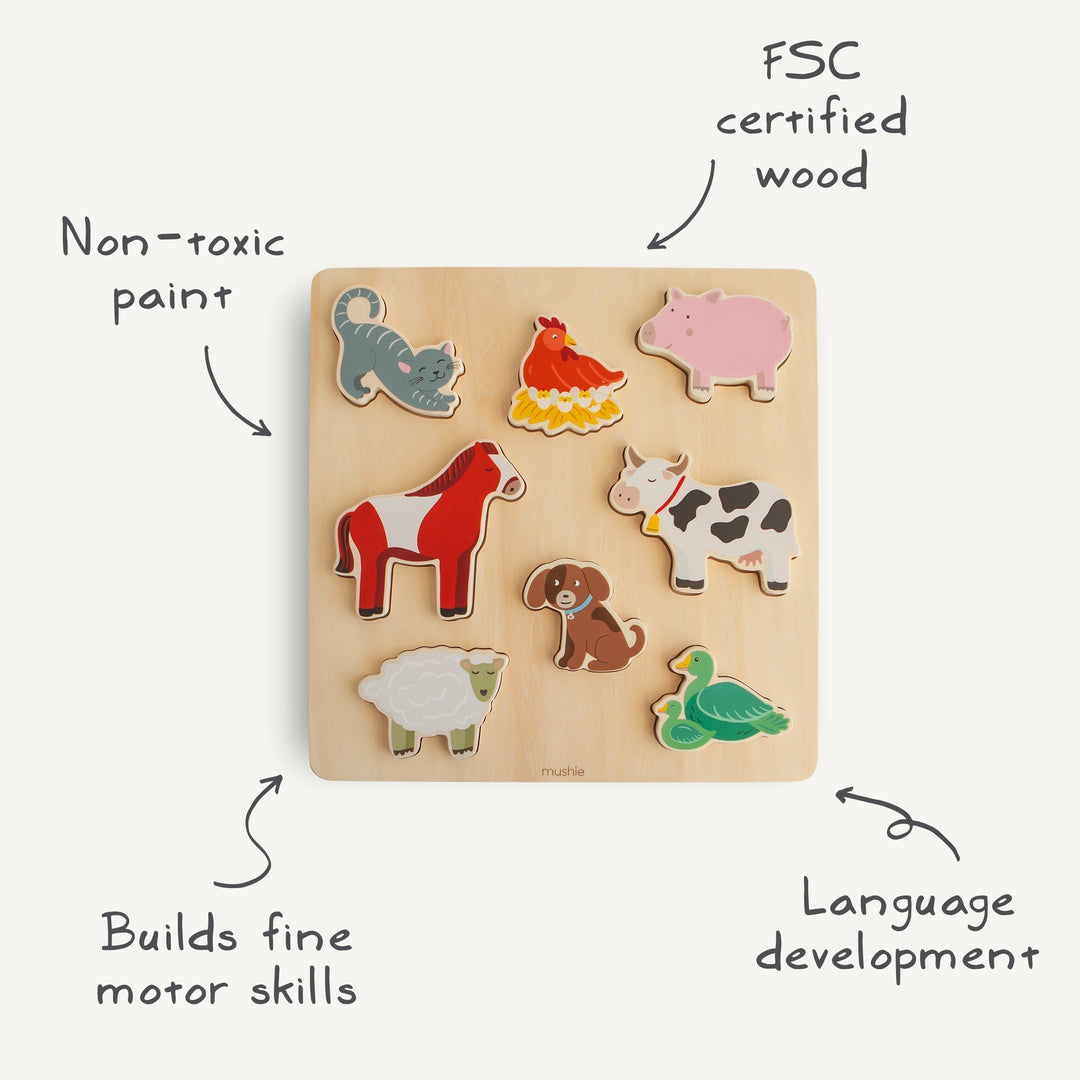 Infographic of the Mushie wooden farm puzzle: FSC-certified wood and non-toxic paint
