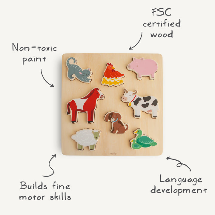 Infographic of the Mushie wooden farm puzzle: FSC-certified wood and non-toxic paint