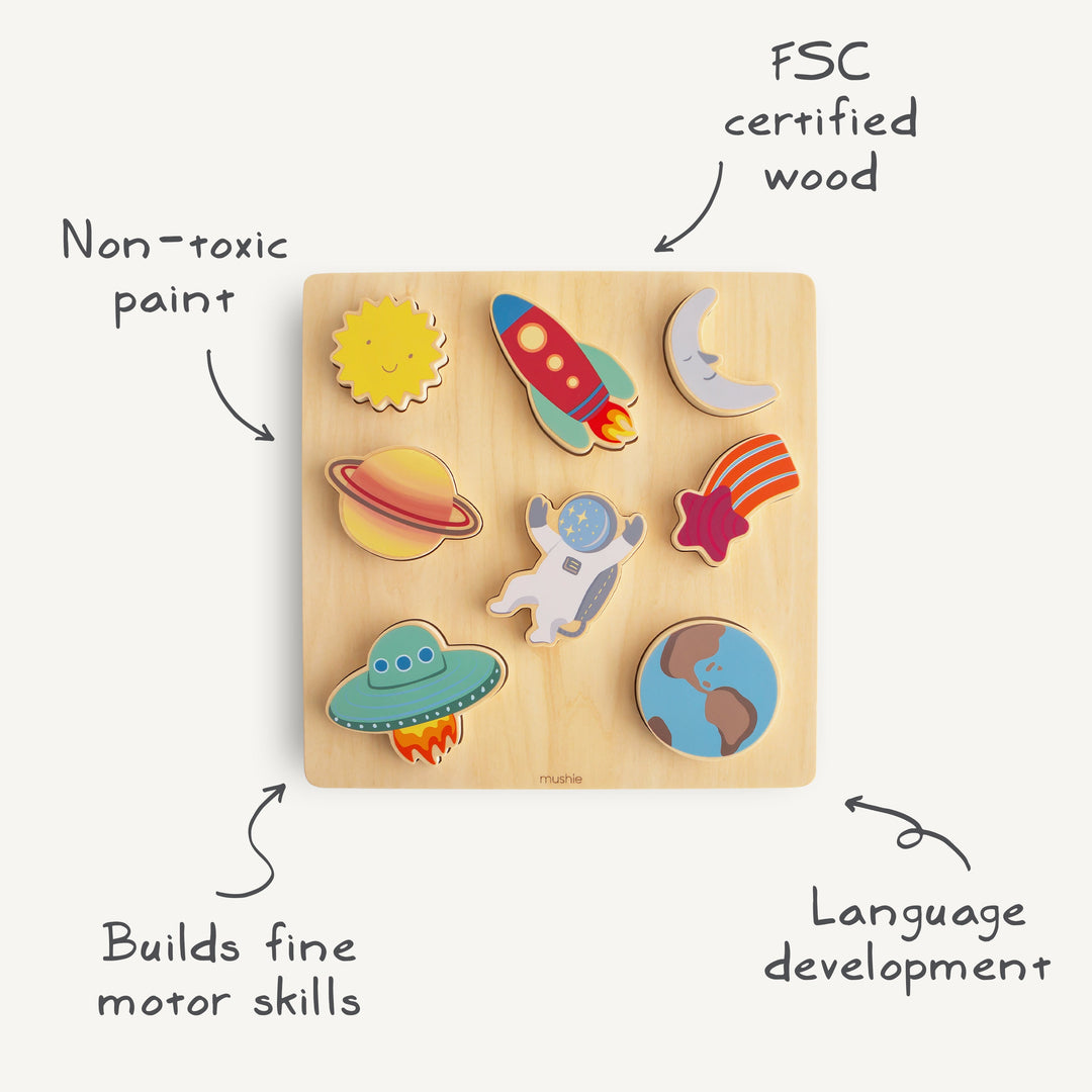 Infographic of the Mushie wooden space puzzle: FSC-certified wood, non-toxic paint, easy-grasp pieces