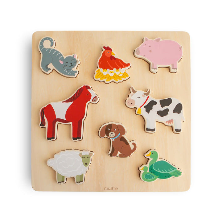 Mushie wooden farm puzzle in FSC-certified wood with non-toxic paint
