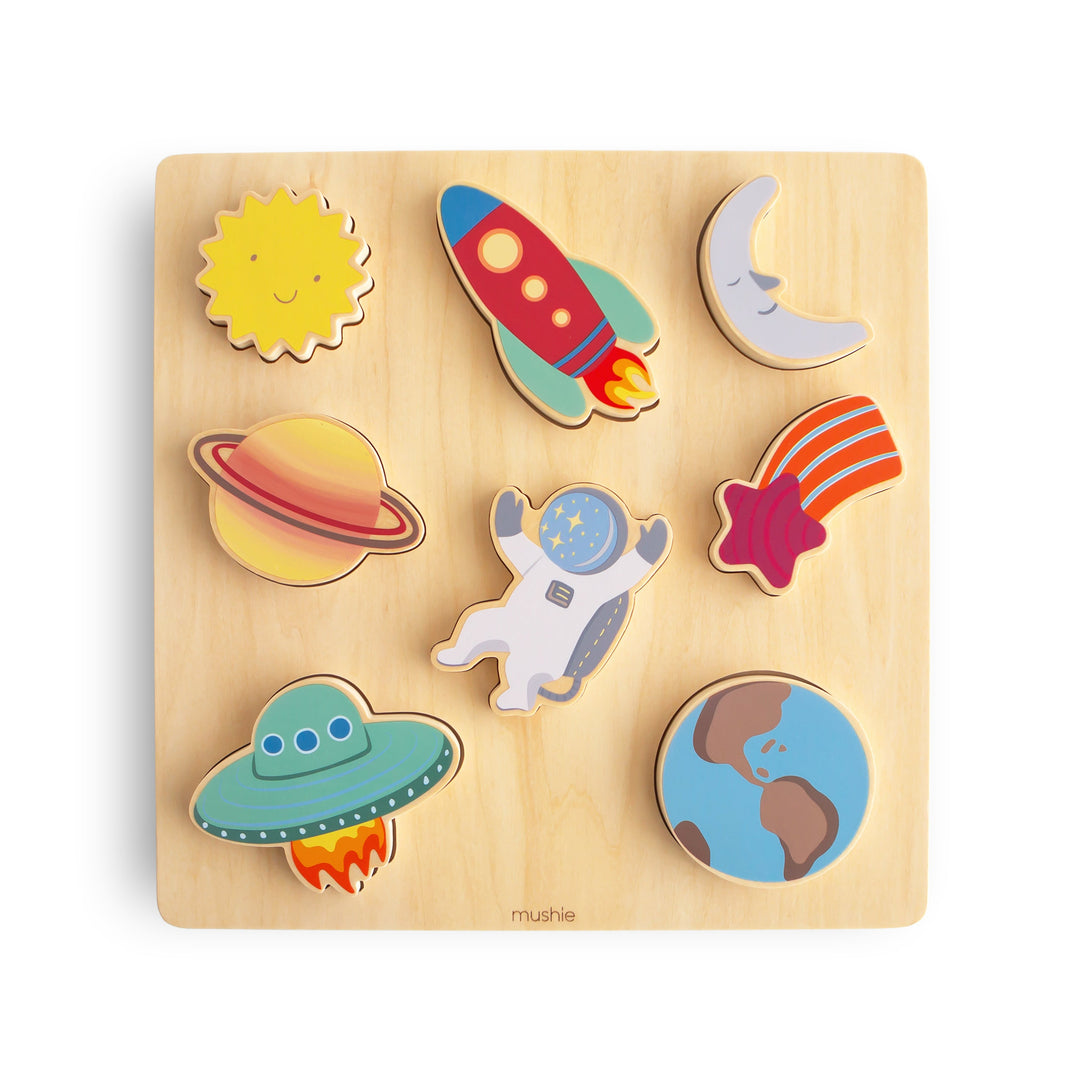 Mushie wooden space puzzle pieces