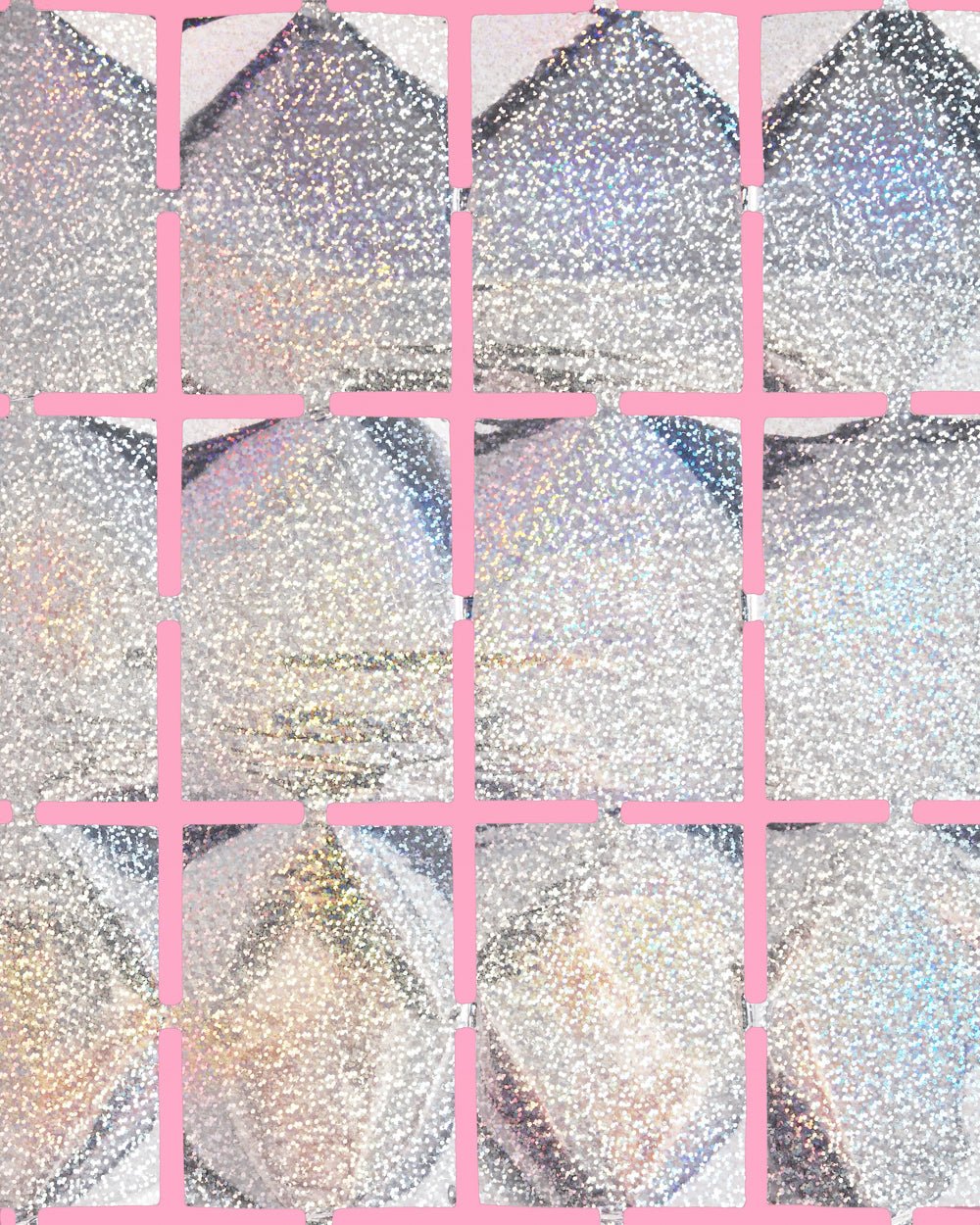 Close view of the silver iridescent foil squares on the curtain