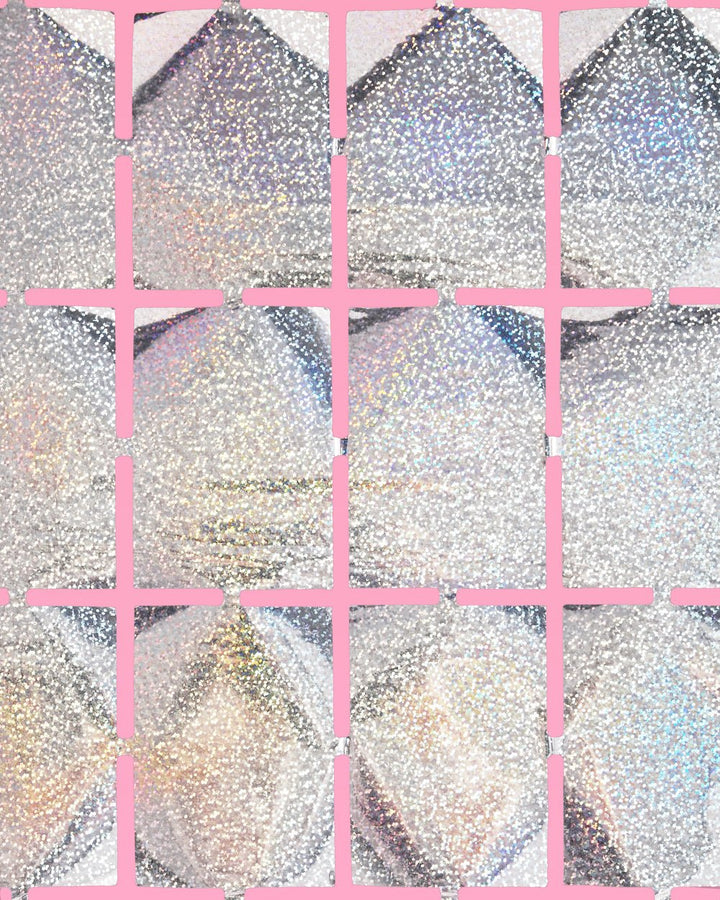 Close view of the silver iridescent foil squares on the curtain