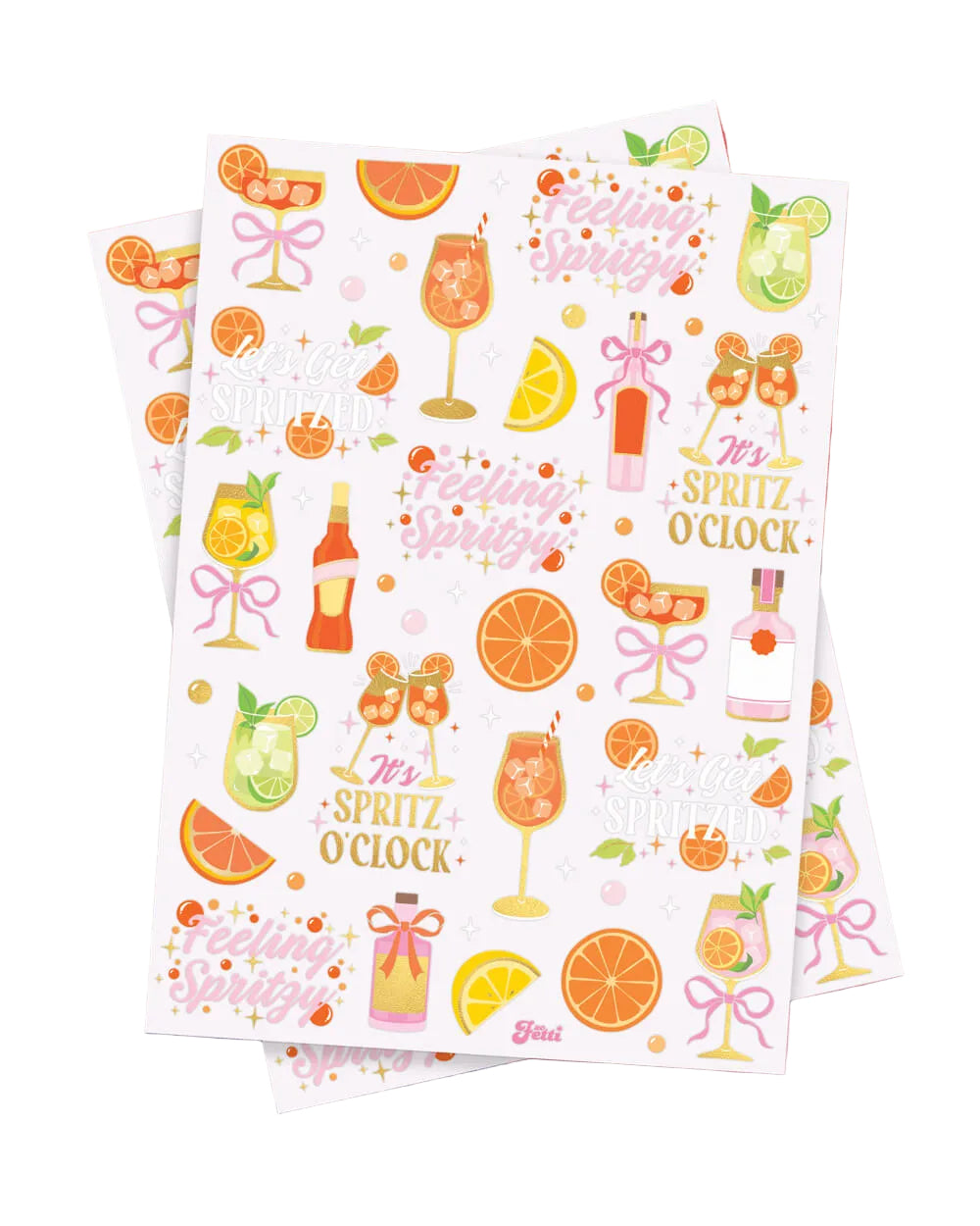Two sheets of spritz temporary tattoos showing citrus and cocktail designs in gold foil