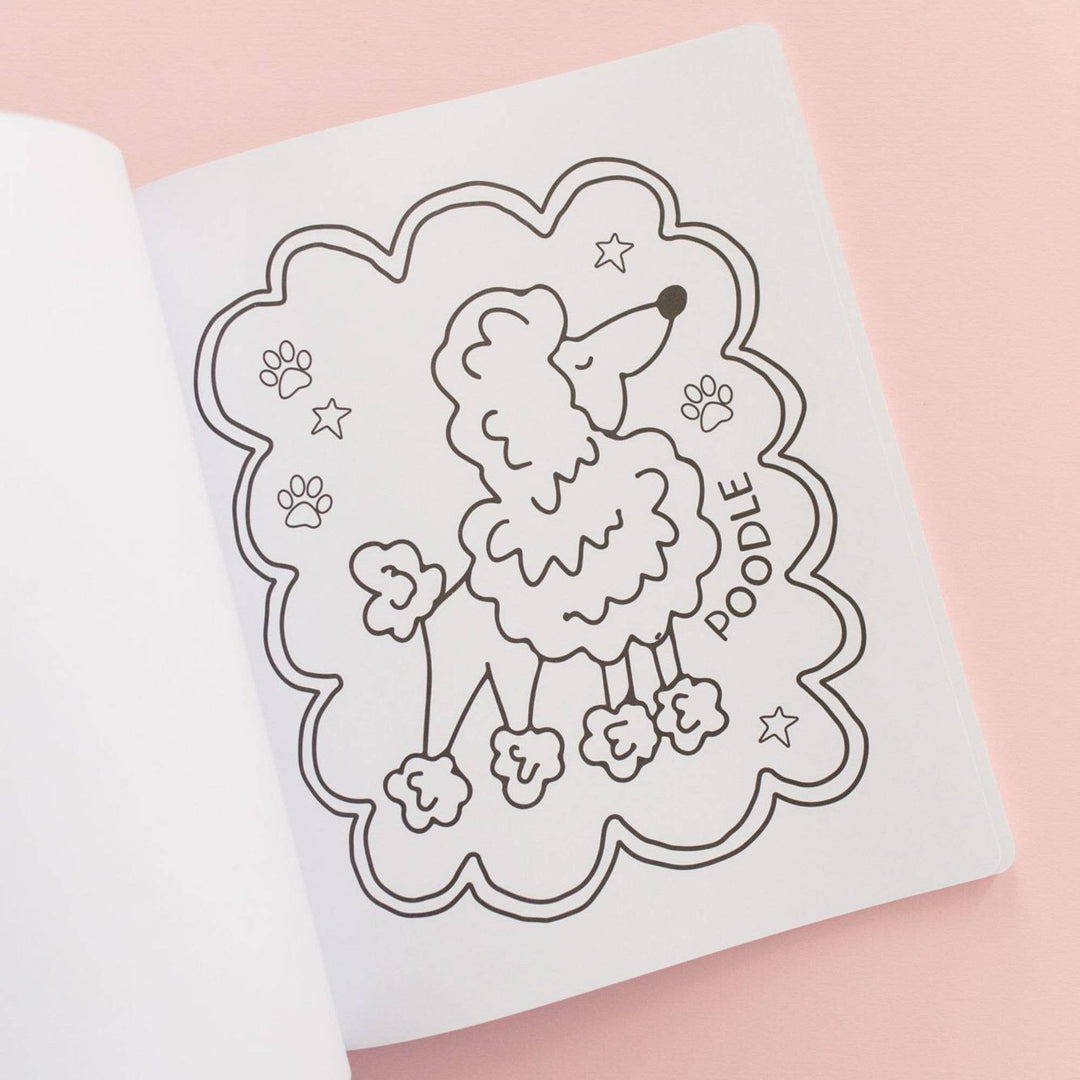 Full-page poodle coloring outline in a scalloped frame, a rainy day dog lover activity