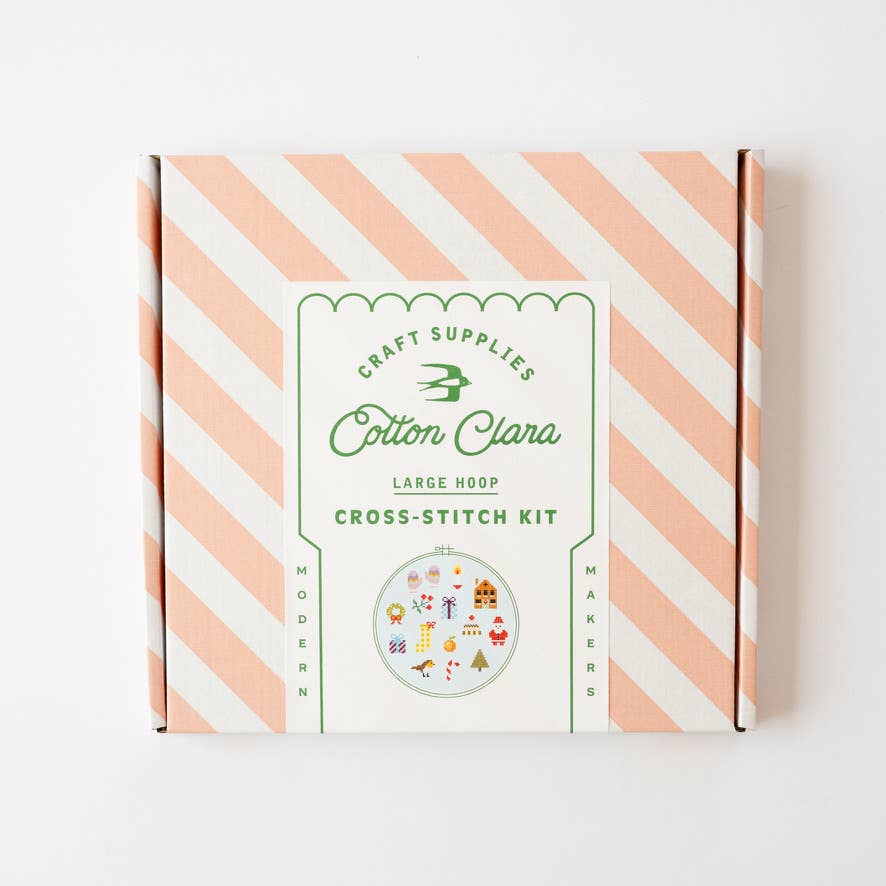 Cotton Clara large hoop cross stitch kit box with Christmas sampler artwork