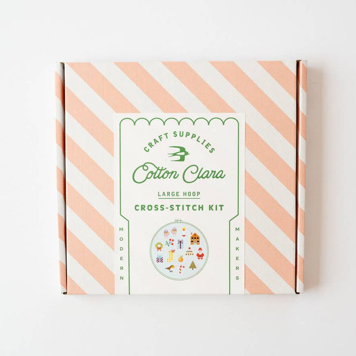 Cotton Clara large hoop cross stitch kit box with Christmas sampler artwork