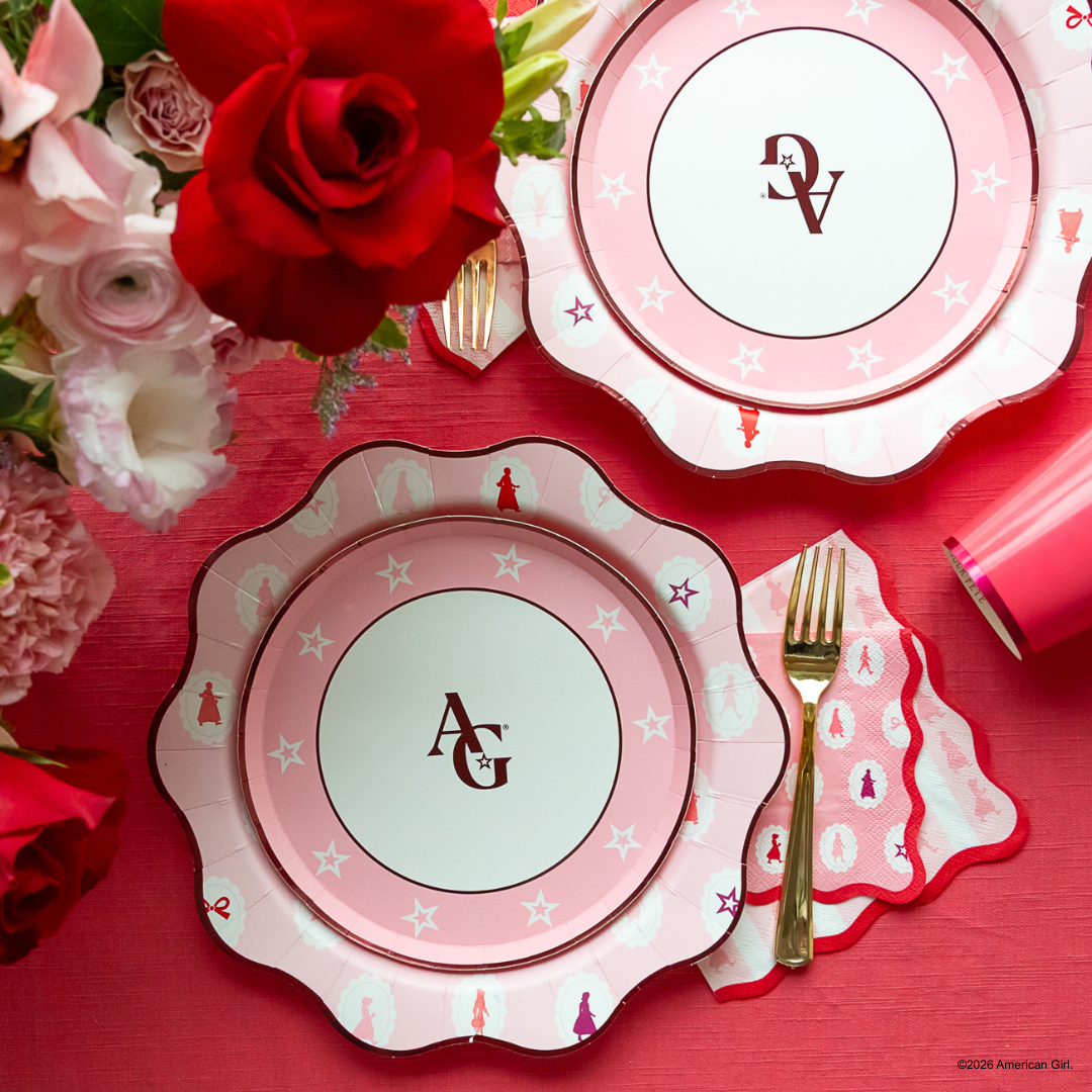 AMERICAN GIRL® X BONJOUR FETE PINK LOGO SMALL PLATES Bonjour Fete Plates AMERICAN GIRL® X BONJOUR FETE PINK LOGO SMALL PLATES Bonjour Fete - Party Supplies