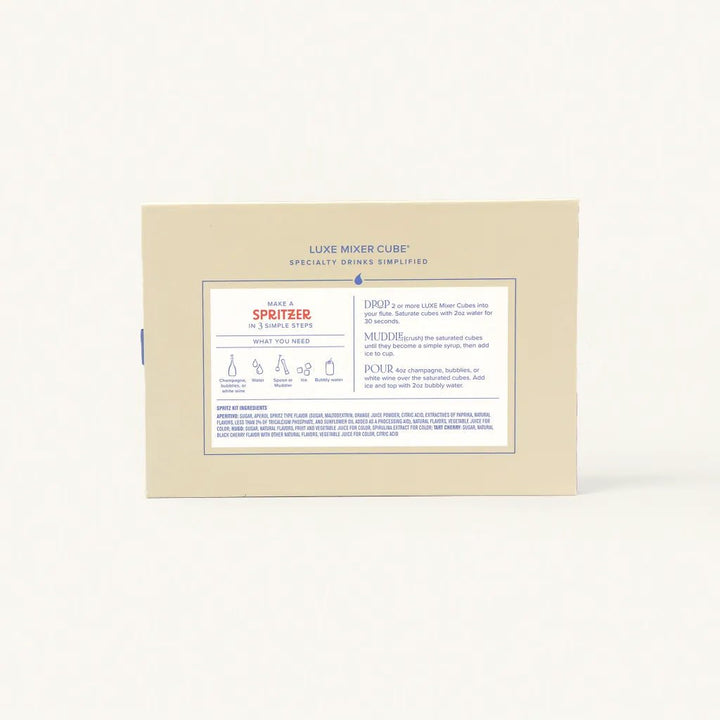 Back of the aperitivo spritz kit box showing the three cube flavors