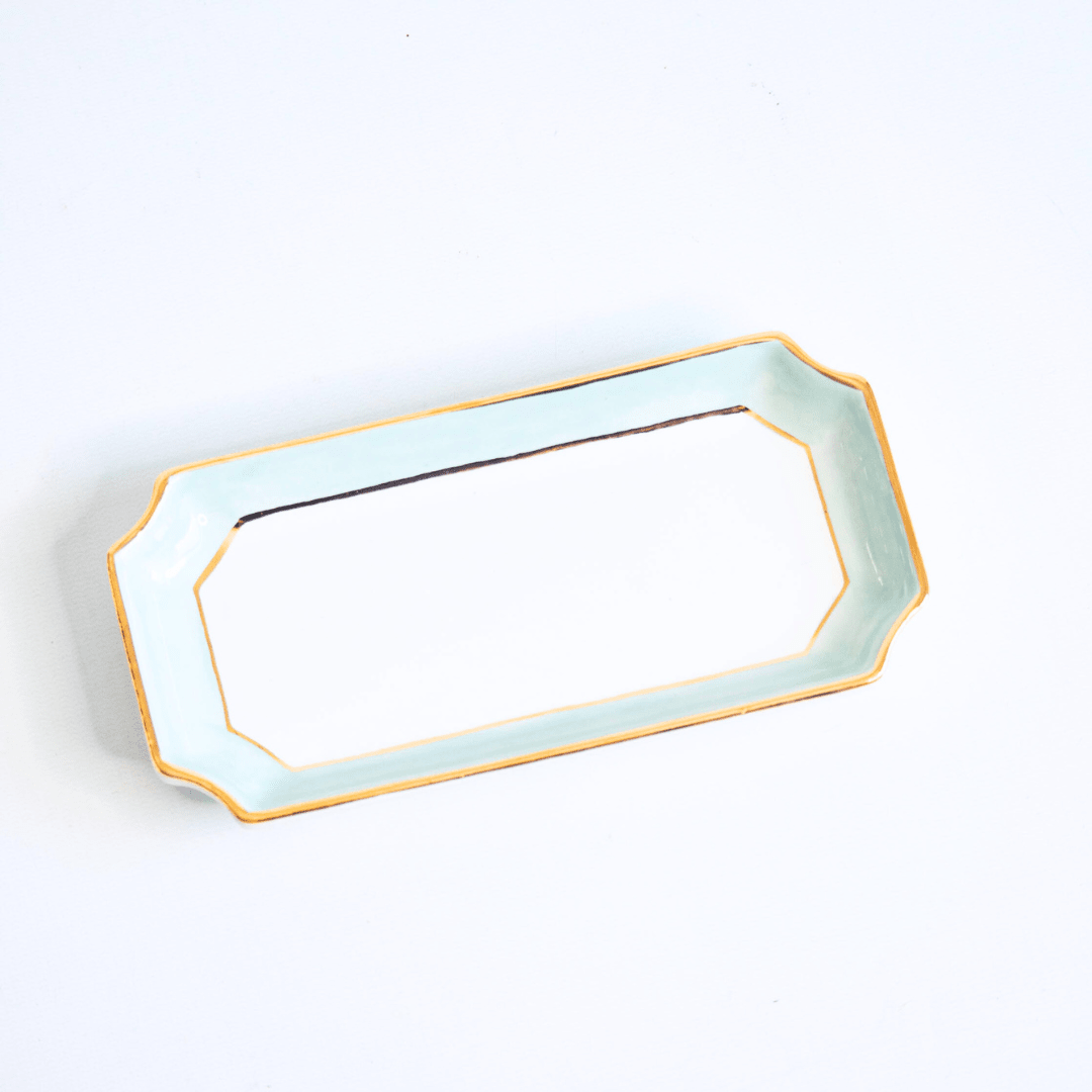Aqua petite valet tray with a gold rim on a white studio backdrop, product view for a birthday gift