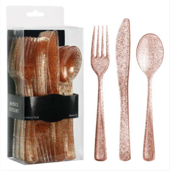Rose Gold Glitter Combo Cutlery Box – Elegant Disposable Flatware: 48 EcoQuality Rose Gold Glitter Combo Cutlery Box – Elegant Disposable Flatware: 48 Bonjour Fete - Party Supplies