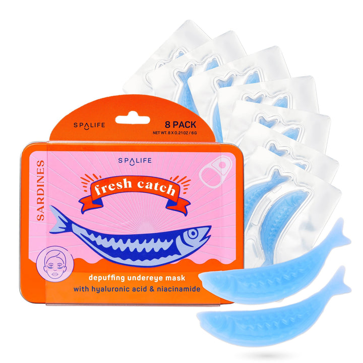 Fresh Catch sardine tin style box in pink and orange with blue fish shaped eye patches and foil packets, a quirky gift