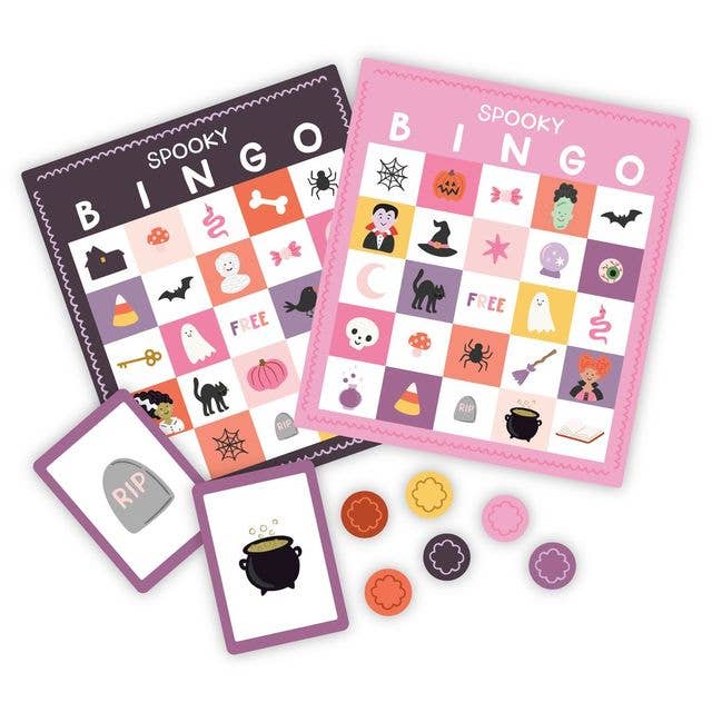 Spooky cute Halloween bingo boards in pink and plum with ghost and pumpkin icons, calling cards, and chips