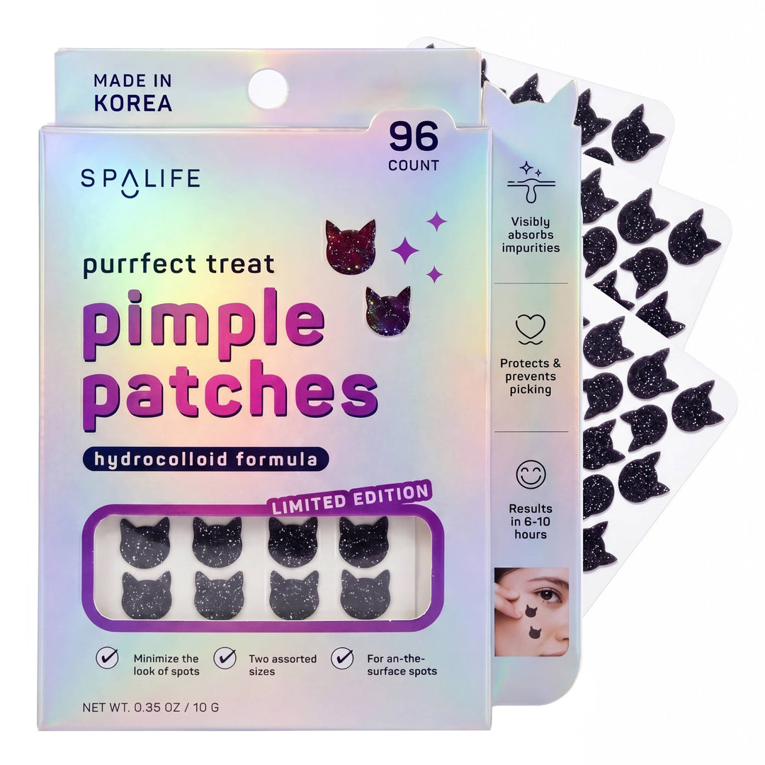 Purrrfect Treat pimple patches box in holographic silver with glittery black cat patches, limited edition Halloween care