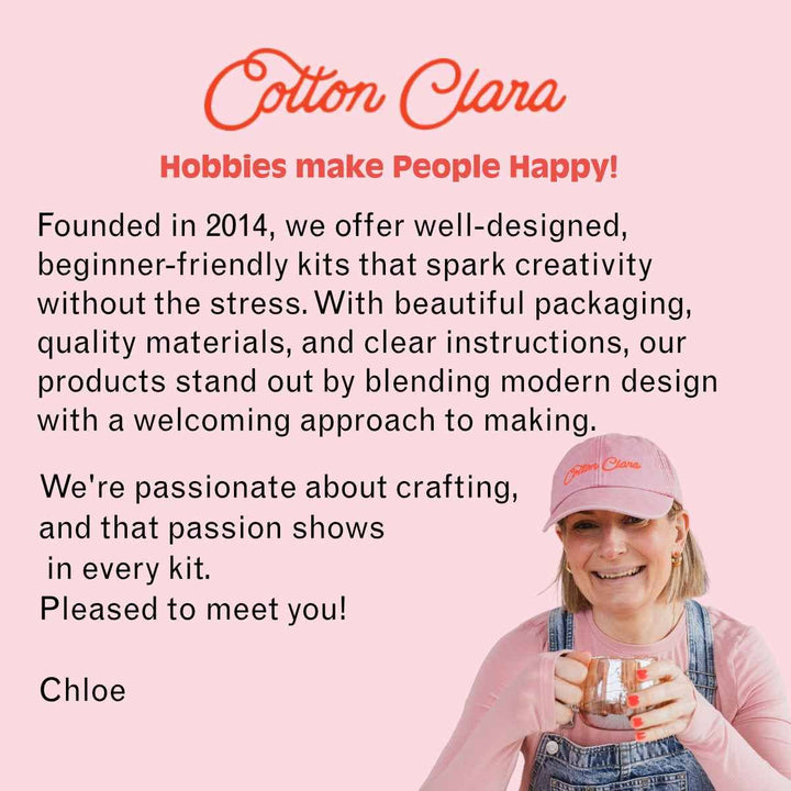Cotton Clara brand card introducing beginner friendly craft supplies