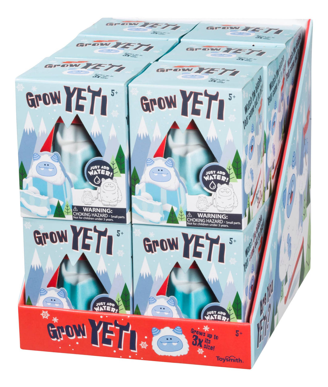 Case of Grow Yeti hatching toy boxes stacked in a red counter display for holiday gifting