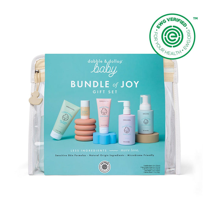 Aqua Bundle of Joy baby bath gift set in a clear zip pouch with a round green seal badge, a sweet baby shower gift