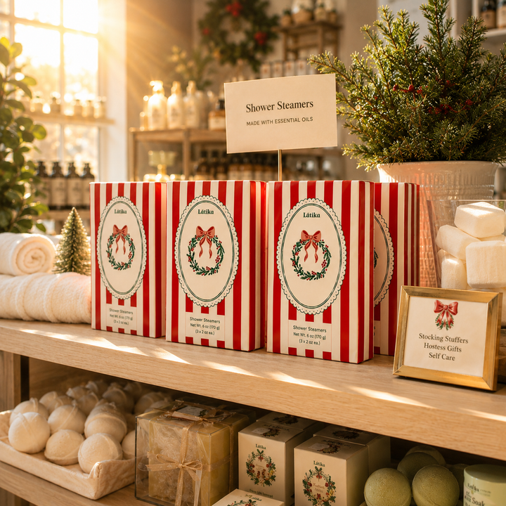 Red striped steamer boxes on a sunlit shelf with a stocking stuffers and hostess gifts sign for Christmas shopping