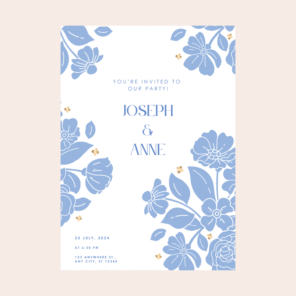 BELLE BLUE ELEGANT FLORAL DIGITAL PARTY INVITATION DOWNLOAD Bonjour Fête BELLE BLUE ELEGANT FLORAL DIGITAL PARTY INVITATION DOWNLOAD Bonjour Fete - Party Supplies