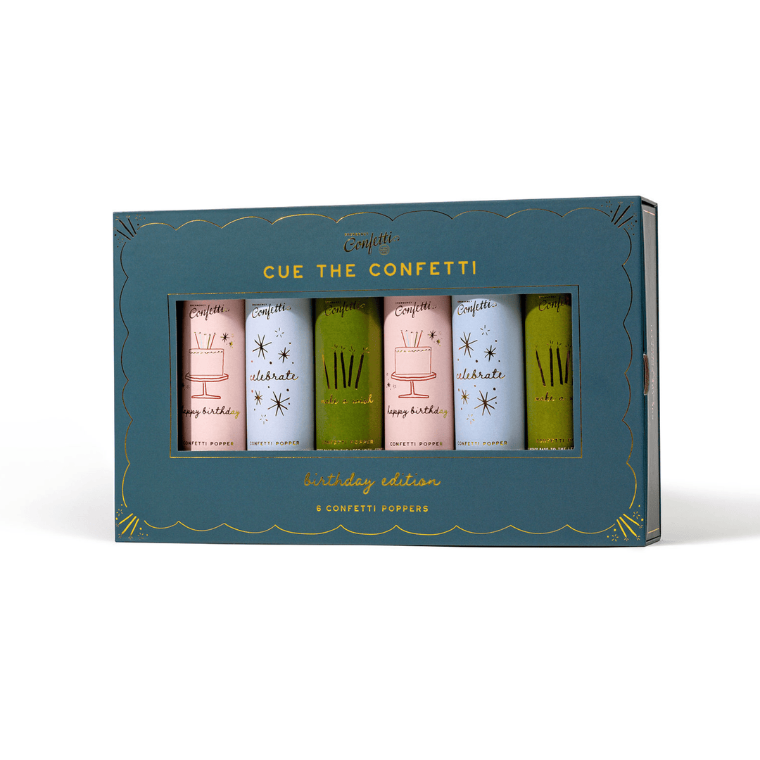 Green and gold birthday confetti popper gift box, open to show six pastel poppers inside