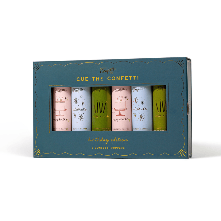 Green and gold birthday confetti popper gift box, open to show six pastel poppers inside