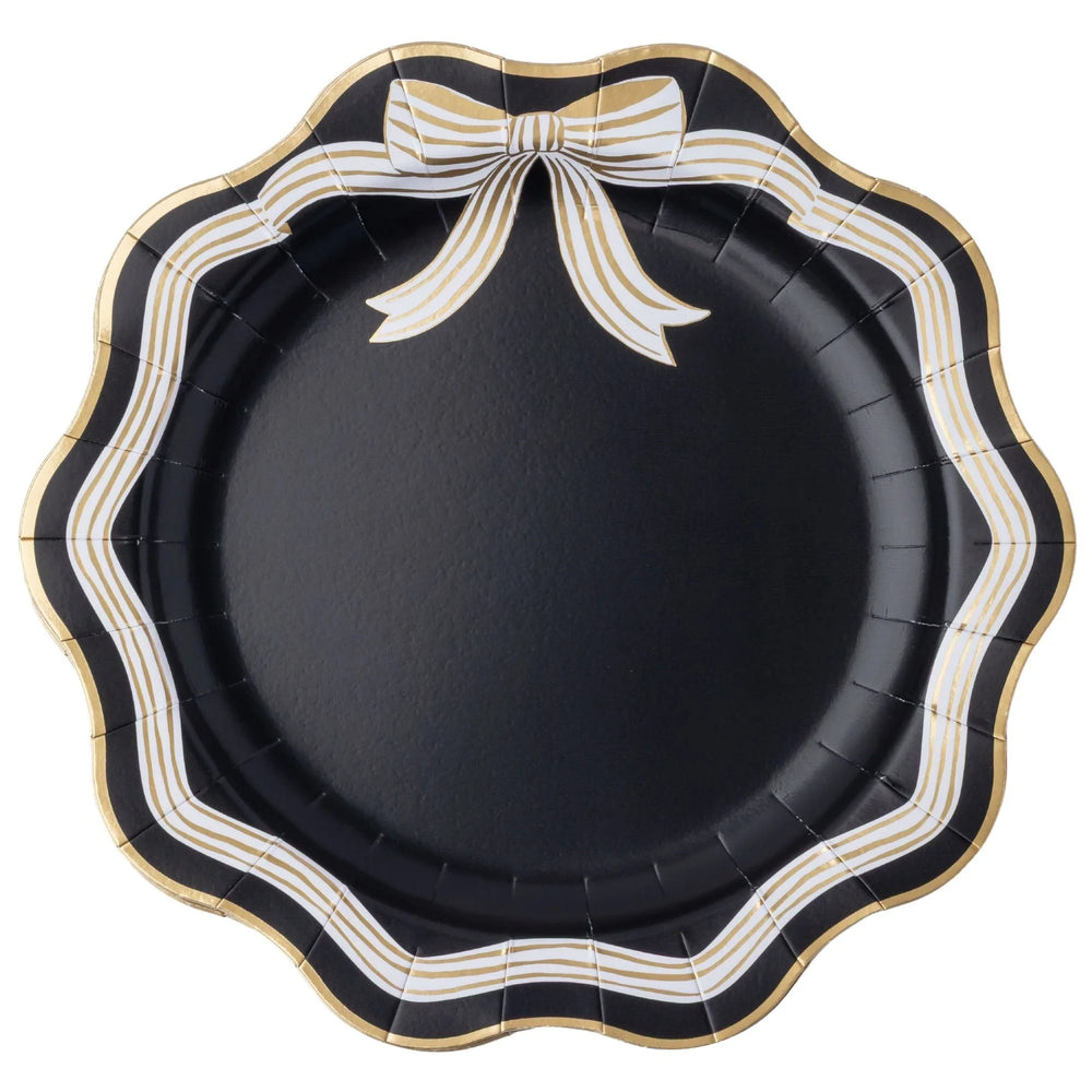 Elegant black and white bow dinner plates, set of 8, scalloped for an adult Halloween dinner party
