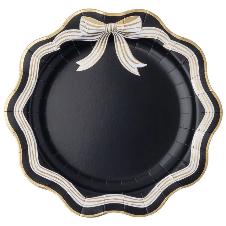 Elegant black and white bow dinner plates, set of 8, scalloped for an adult Halloween dinner party