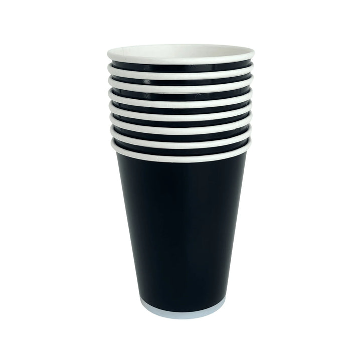 Matte black Halloween party cups, set of 8, 12 ounce paper cups for a floral skull table setting