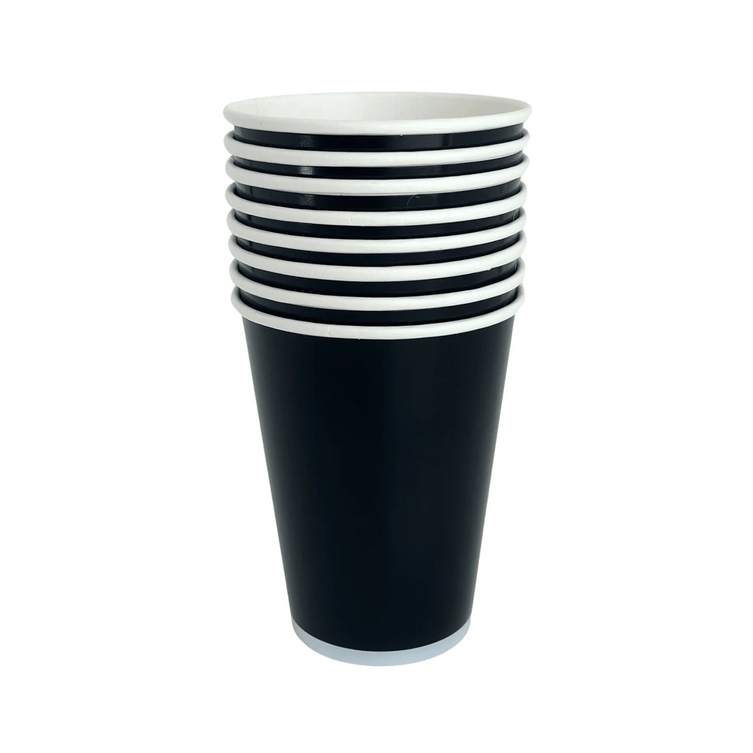 Matte black Halloween party cups, set of 8, 12 ounce paper cups for a jack-o-lantern table
