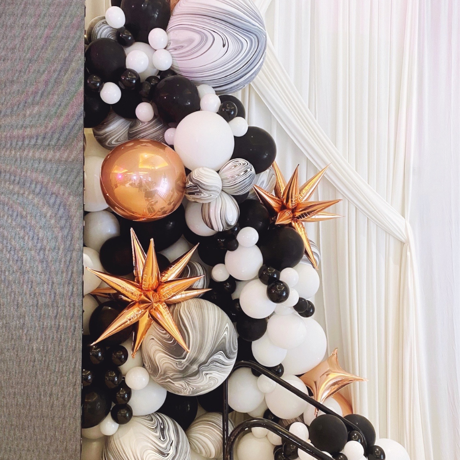 Black, white, and gold balloon garland marble balloon decoration ideas - Los Angeles balloon installation